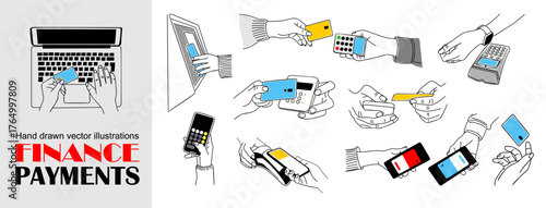 Finance payment methods with laptops, smartphones, credit cards, and terminals in black, white, and blue, hand-drawn style vector illustrations isolated on transparent background.