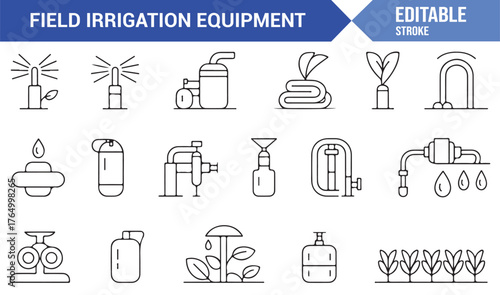 Water Irrigation Icons Set — Vector Line Illustrations of Pumps, Sprinklers, and Field Equipment