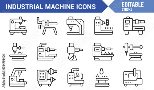 Industrial Machinery Icon Collection — Editable Stroke Vector Illustrations for Engineering Projects