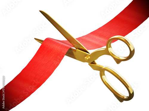 Golden scissors cutting red ribbon on transparent background. 3D illustration