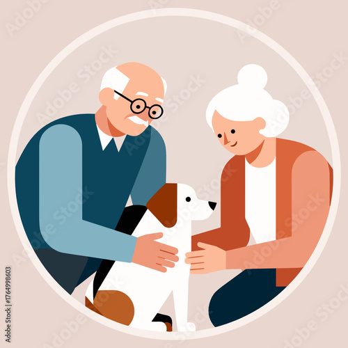 Elderly couple petting a dog together at home in a cozy atmosphere  