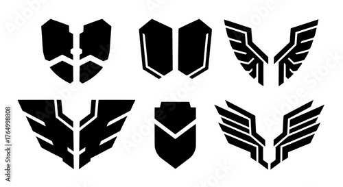 A collection of six black modern sci-fi icons. Includes abstract shields, wings, and crests perfect for gaming logos, military insignia, or tech brands.