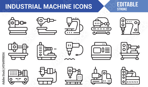 Engineering Machine Icons — Line Art Vector Illustrations for Industrial Manufacturing Design