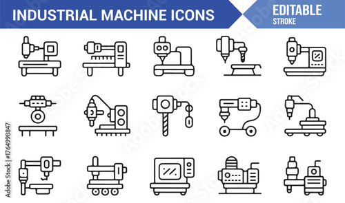 Editable Stroke Industrial Icons — Vector Set of Manufacturing Machines and Robotic Tools