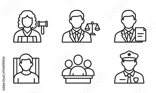 Justice and professions outline icons, judge, lawyer, prisoner, police