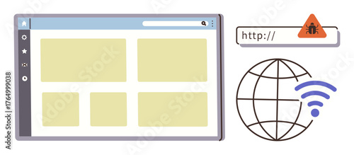 Open web browser with grid layout, warning alert near URL bar, globe with wireless signal. Ideal for technology, internet security, data safety, web development, online risks, malware communication
