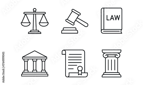 Legal system outline icons , scale, gavel, law book, pillar, scroll