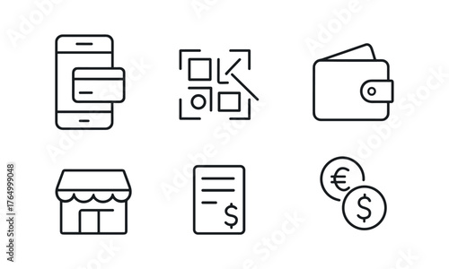 Digital finance outline icons ,wallet, QR code, mobile payment, receipt