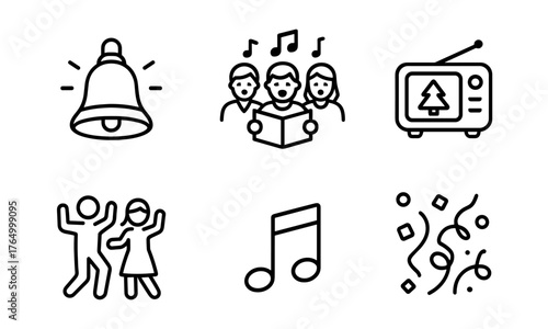 hristmas celebration outline icons , bell, carol, music, TV, dance, confetti