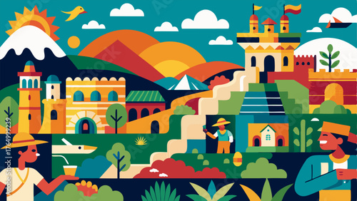 A colorful mural covering an entire wall depicting scenes from local history.