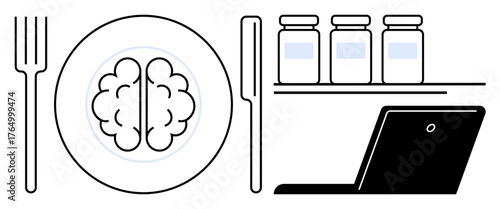 Brain on plate with fork and knife, jars of supplements on shelf, and laptop. Ideal for nutrition, mental health, productivity, education, focus cognitive health wellness. Simple flat metaphor