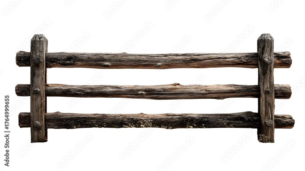 Obraz premium Rustic split rail wooden fence with three weathered horizontal logs isolated on a clean white background