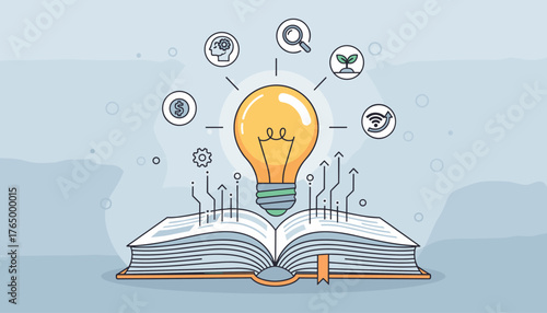 Illuminating the mind: A bright light bulb emerges from an open book, symbolizing the birth of new ideas, innovation, and the pursuit of knowledge, surrounded by icons representing growth, finance