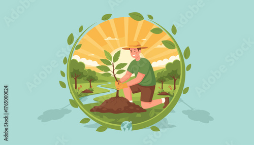 Vibrant illustration of a man wearing a straw hat and gloves, kneeling to plant a young tropical tree in fertile soil, surrounded by lush greenery, a winding river, and a radiant sunrise, symbolizing