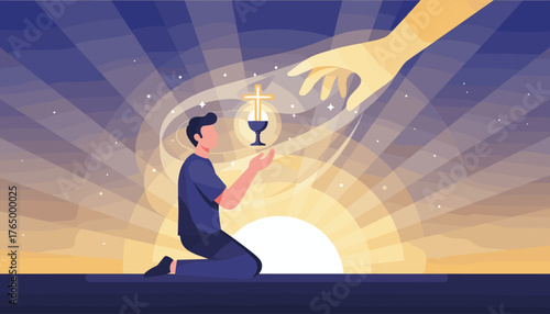 A man kneels with hands outstretched in prayer and worship towards a glowing chalice and cross, symbolizing faith, spirituality, and divine connection, set against a radiant sunrise backdrop with