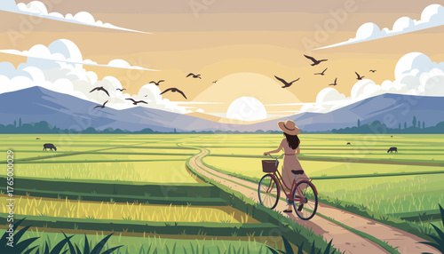 Serene rural landscape at sunset with a lone woman on a bicycle pausing on a dirt path through vibrant green rice paddy fields, mountains in the distance, and birds flying in the warm, golden sky.