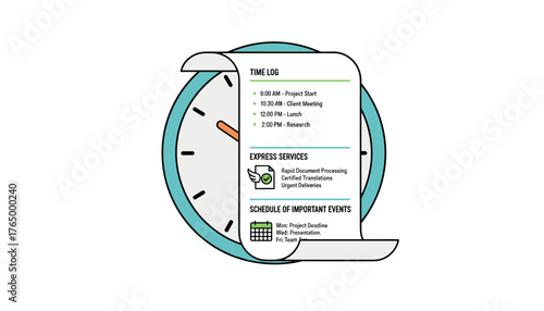 Vector illustration of a stylized clock face with a rolled-up document featuring a time log, express services list, and schedule of important events, symbolizing business productivity, time