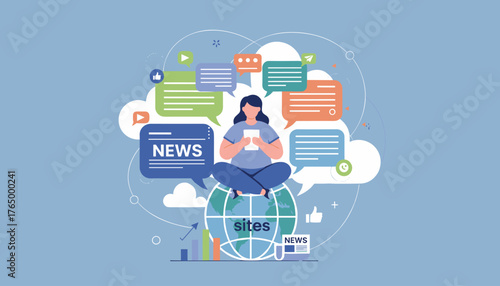 Vector illustration in flat style depicting a woman sitting on a globe, surrounded by speech bubbles and news icons, symbolizing global news and social network communication, with charts and graphs