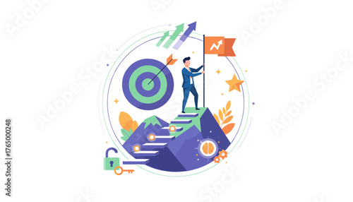 Vivid vector illustration depicting a businessman in a suit planting a flag on a mountain peak, symbolizing achievement and success, with a target, arrows, growth charts, a lock, a key, and a brain