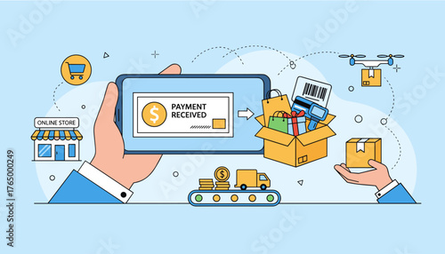 Vibrant flat-style vector illustration depicting the seamless process of online shopping, from payment confirmation on a smartphone to package delivery via drone and truck, symbolizing e-commerce
