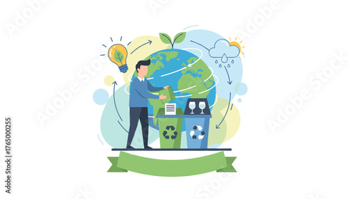 Vivid illustration of a person recycling paper and glass near a globe, symbolizing environmental responsibility and sustainable business practices, with icons of a lightbulb, rain, and sun