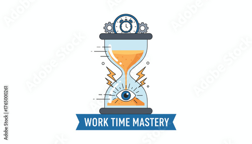 Conceptual vector illustration of time mastery and productivity, featuring a stylized hourglass with flowing orange sand, a clock, gears, lightning bolts, and an all-seeing eye, symbolizing focus and