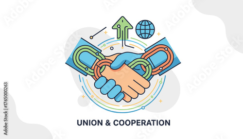 Abstract vector illustration symbolizing union and cooperation through a handshake, with interconnected chain links, an upward trending arrow, and a globe, representing global business partnerships
