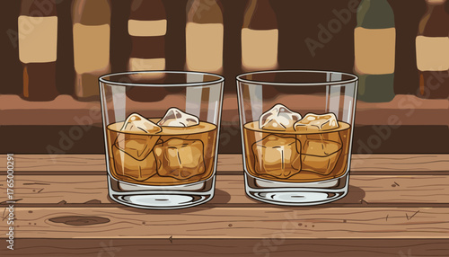 Two glasses of amber whiskey filled with ice cubes sit on a rustic wooden bar top, with blurred bottles in the background, evoking a classic bar atmosphere and the enjoyment of a fine spirit.
