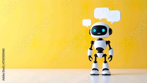 Cute Chatbot Robot with Speech Bubbles on Yellow Background
