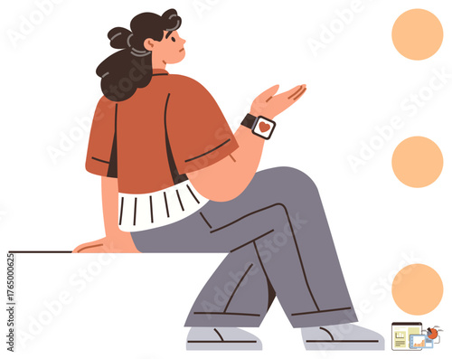 Confident individual seated, wearing a smartwatch and gesturing casually. Ideal for lifestyle, casual interaction, communication, technology, style, relaxation and self-expression themes. Simple