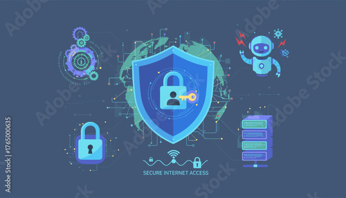 Digital cyber security concept with a shield, lock, key, robot, servers, and global network connections, representing secure internet access and data protection in a vibrant, modern illustration.