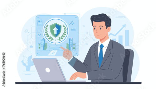 Concept of compliance in business, a businessman using a laptop and interacting with a digital interface displaying a shield with an upward arrow, symbolizing growth and security, alongside building