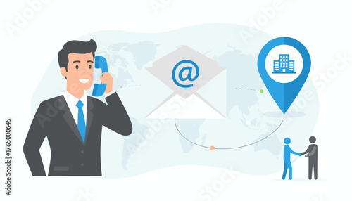 Global business communication concept with a smiling businessman on the phone, an email icon, a location pin with a building, and two people shaking hands on a world map background, representing