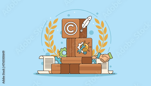 Conceptual illustration of copyright and patent law, symbolizing author's rights, intellectual property protection, and innovative ideas with a feather, lightbulb, gears, and a handshake, set against