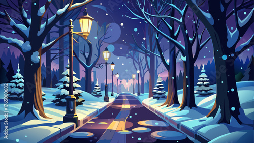 Very beautiful snowy path illuminated at night by soft streetlights, glowing snowflakes falling over a quiet winter landscape full of peaceful charm.