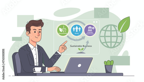 Illustrative depiction of a businessman pointing to a diagram explaining the ESG concept: Environmental, Social, and Corporate Governance, symbolizing sustainable business practices and global