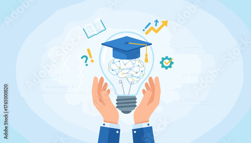 Conceptual illustration of e-learning and graduate certificate programs, featuring a lightbulb containing a brain and graduation cap, held by hands, symbolizing knowledge acquisition and educational