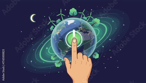 A human finger presses a glowing green power button superimposed on a nighttime view of planet Earth, symbolizing the activation of sustainable energy and environmental consciousness, with wind