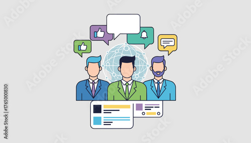 Modern flat illustration of three diverse businessmen in suits discussing social network news and updates, with speech bubbles, likes, notifications, and a global network graphic symbolizing