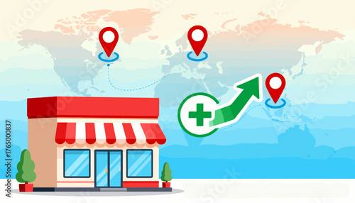Franchise business store shop concept with investment growth arrow and location pins on world map, representing expansion and global reach, ideal for business strategy and retail development themes.