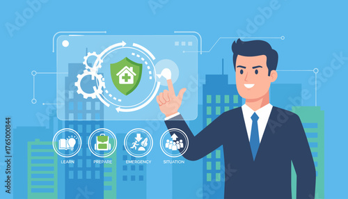 Business professional interacting with a futuristic interface displaying an emergency preparedness plan concept with icons for learning, preparation, emergency response, and team situation