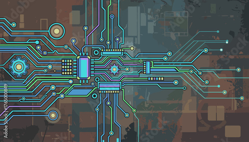 Abstract futuristic electronic circuit board illustration with glowing neon lines and intricate connections, symbolizing technology, data flow, and digital innovation on a textured grunge background
