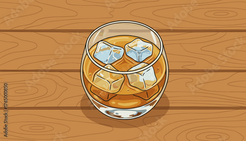 A top-down view of a clear glass tumbler filled with amber-colored whiskey and four ice cubes, resting on a warm, textured wooden surface with visible grain patterns, creating a classic and inviting