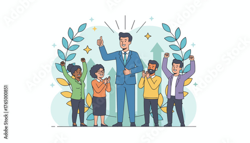 A diverse group of business professionals celebrates success with a leader giving a thumbs-up, surrounded by laurel branches and upward-trending arrows, symbolizing teamwork and achievement in a