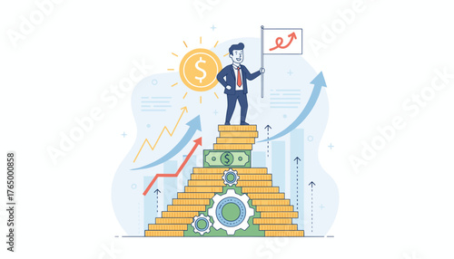 A triumphant businessman stands atop a pyramid of gold coins and banknotes, holding a flag with an upward trending arrow, symbolizing financial success, profit, and compound interest growth, with