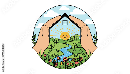 Hands forming a protective house shape over a vibrant, sun-drenched landscape with a smiling sun, a winding river, lush green hills, colorful flowers, and fluffy clouds, symbolizing home, safety