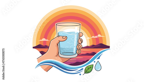 Close-up of a hand holding a clear glass filled with fresh, clean water, set against a vibrant sunset landscape with rolling hills, a calm body of water, and a colorful rainbow arching across the