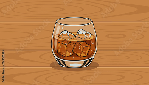 A refreshing glass of amber whiskey filled with ice cubes, presented on a warm, textured wooden background, evoking a sense of relaxation and classic enjoyment, perfect for beverage and lifestyle