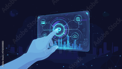 Futuristic digital payment network interface with a glowing blue hand interacting with icons for credit card, globe, cloud, and currency, set against a dark, starry background with abstract city