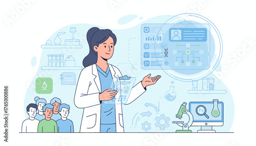 Vibrant illustration of a female doctor in a white lab coat presenting medical data on a futuristic holographic screen to a group of attentive people, surrounded by scientific equipment like